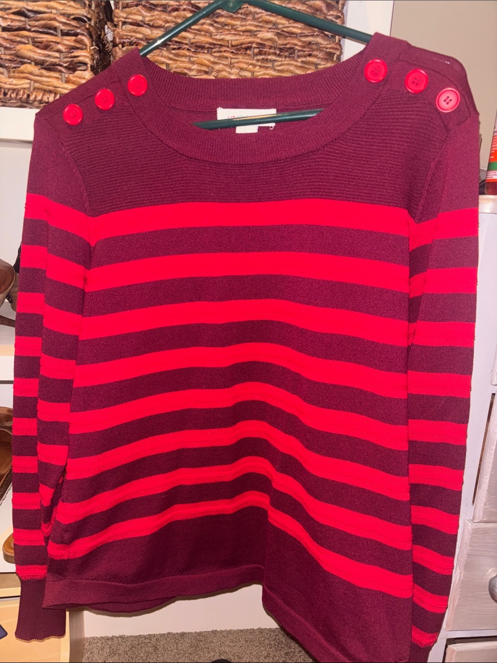Liz Claiborne Burgundy & Red Striped Crewneck Sweater with Shoulder Buttons